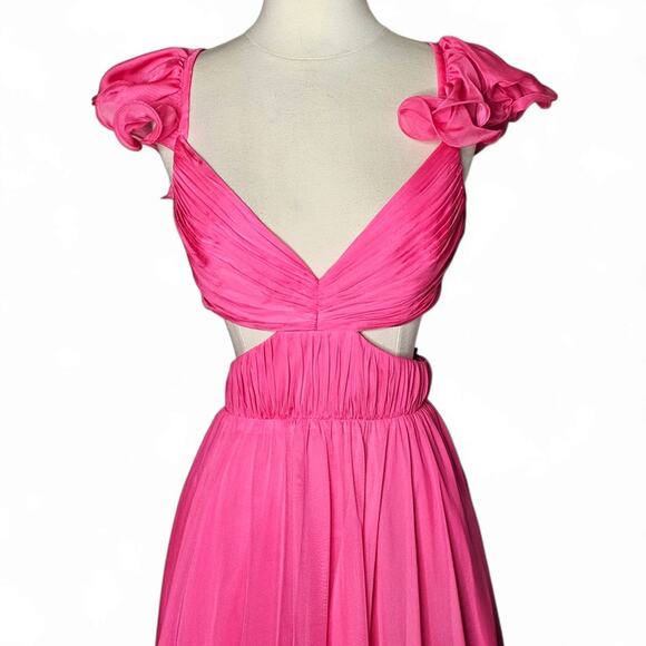 Mac Duggal 70254 Ruched Ruffled Shoulder Cut Out Lace Up Gown in Hot Pink Size 8 - Picture 11 of 14